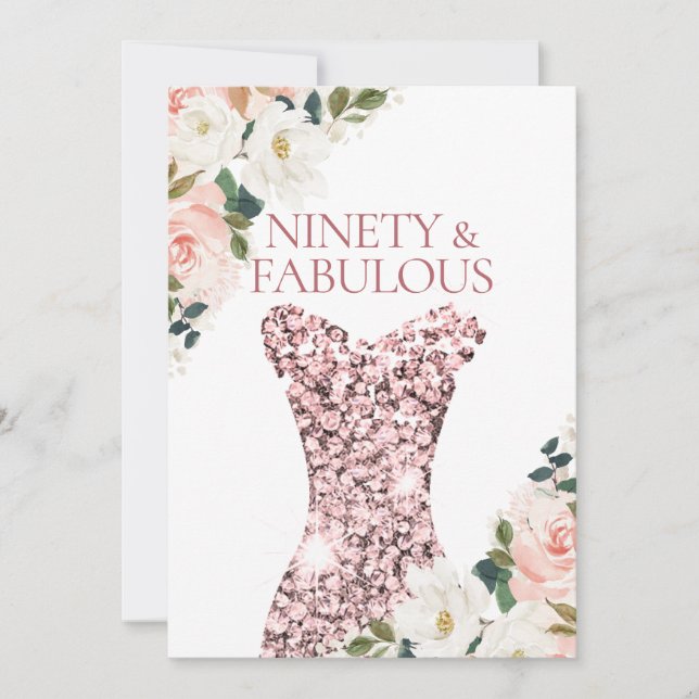 Invitación Rosa floral de Rubor vestido de espuma de oro 90º  (Anverso)