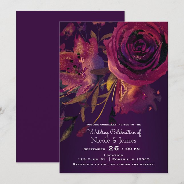 Invitación Rosa floral de vino de Borgoña Boda audaz morado (Anverso / Reverso)