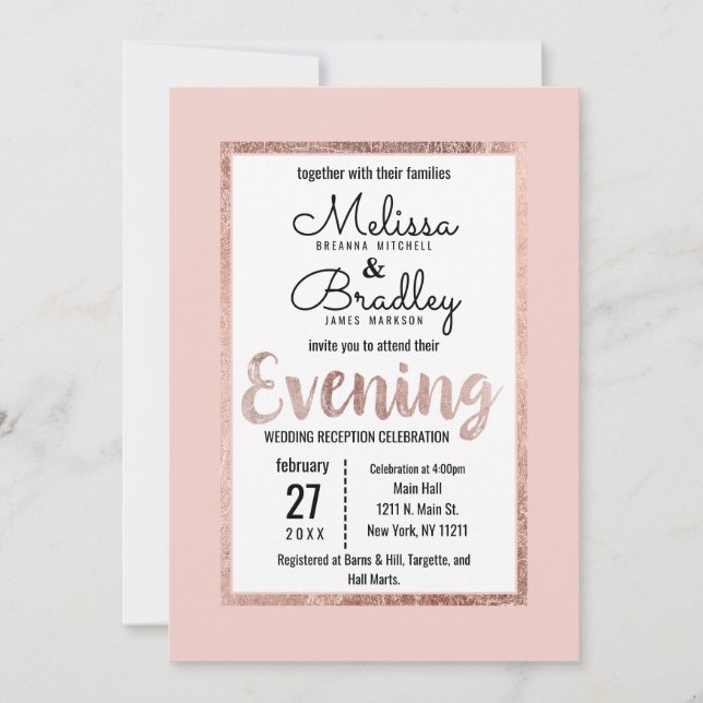 Invitación Rosa Floral Dorada Rubor Guión Pincel rosa por la  (Anverso)