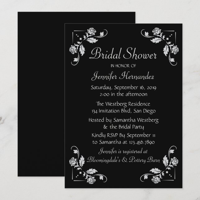 Invitación Rosa floral ducha de novia negro y Boda gris (Anverso / Reverso)