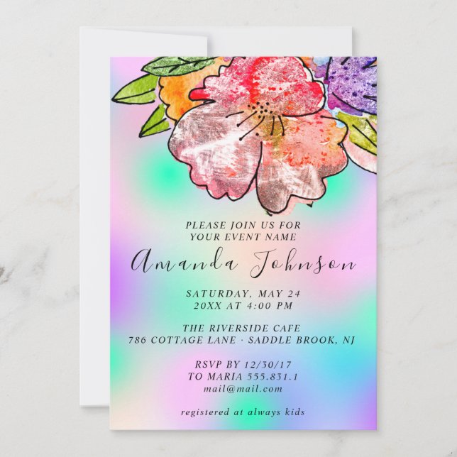 Invitación Rosa floral Ducha nupcial Cumpleaños Holograma Azu (Anverso)