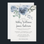 Invitación Rosa Floral Dusty Azul Marfil Azul Boda Azul Vinta<br><div class="desc">Invitación a una boda rosa de color azul y marfil con un elegante guión manuscrito fuera de negro, caligrafía clásica y tipografía, y un elegante toque de rosas pintados con acuarela en una paleta de color azul, marfil y verde moda. La parte trasera de la tarjeta está en un color...</div>