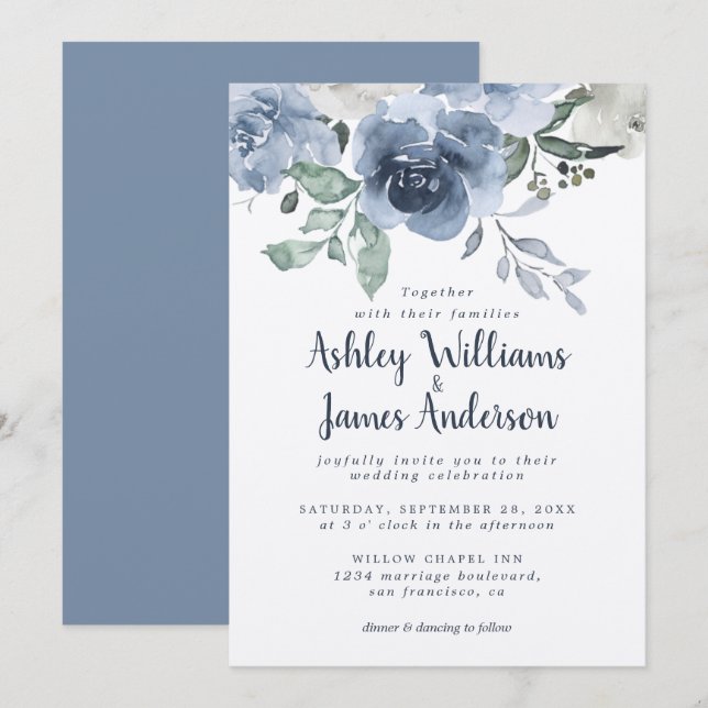 Invitación Rosa Floral Dusty Azul Marfil Azul Boda Azul Vinta (Anverso / Reverso)