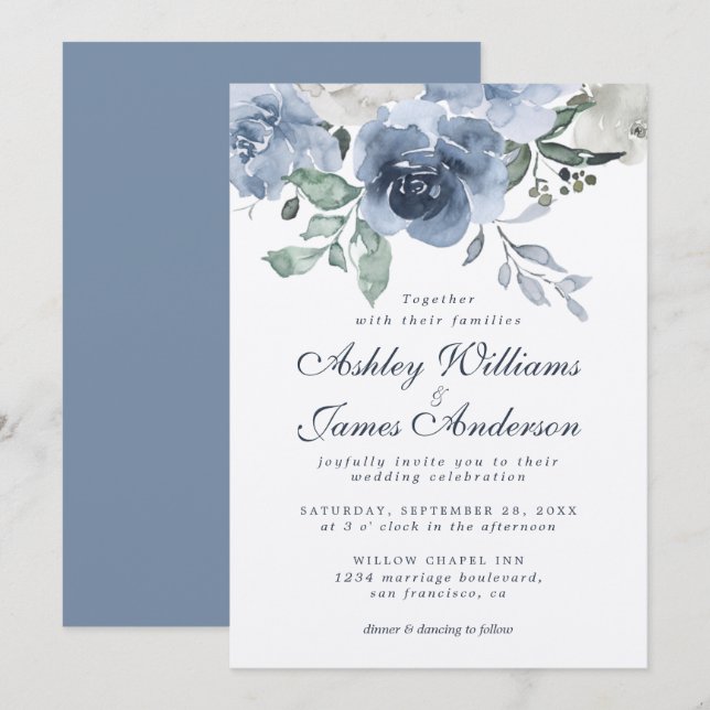 Invitación Rosa Floral Dusty Azul Marfil Azul Boda Azul Vinta (Anverso / Reverso)