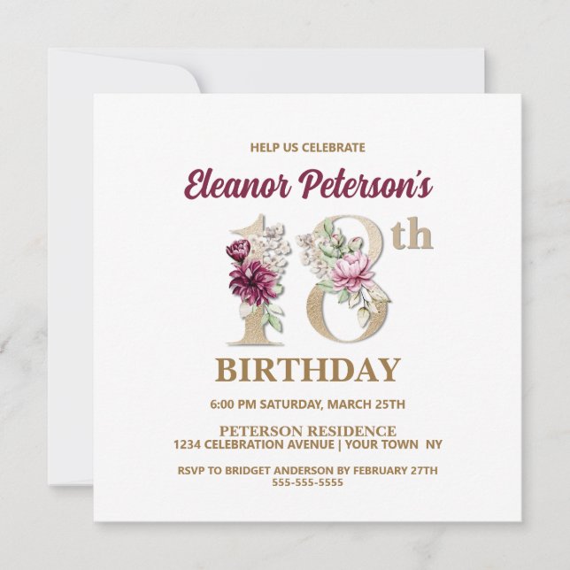 Invitación Rosa Floral E 18ª fiesta de cumpleaños (Anverso)