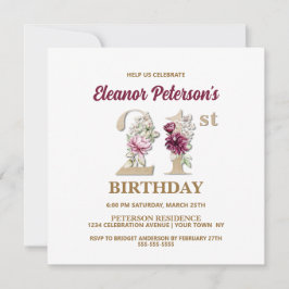 Invitación Rosa Floral E 21ª Fiesta de cumpleaños