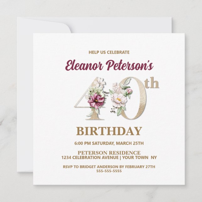 Invitación Rosa Floral E 40 Fiesta de cumpleaños (Anverso)