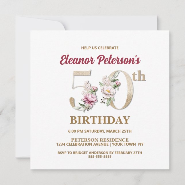 Invitación Rosa Floral E 50th Birthday Party Invitation (Anverso)