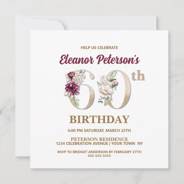 Invitación Rosa Floral E 60th Birthday Party (Anverso)