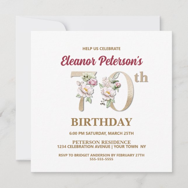 Invitación Rosa Floral E 70th Birthday Party (Anverso)