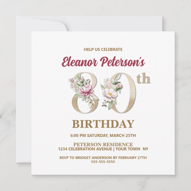 Invitación Rosa Floral E 80th Birthday Party (Anverso)