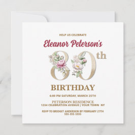 Invitación Rosa Floral E 80th Birthday Party