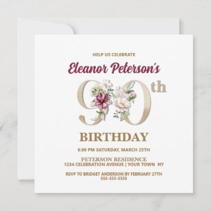 Invitación Rosa Floral E 90th Birthday Party
