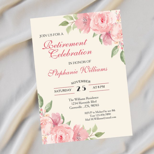Invitación Rosa floral elegante de retiro femenino (Subido por el creador)