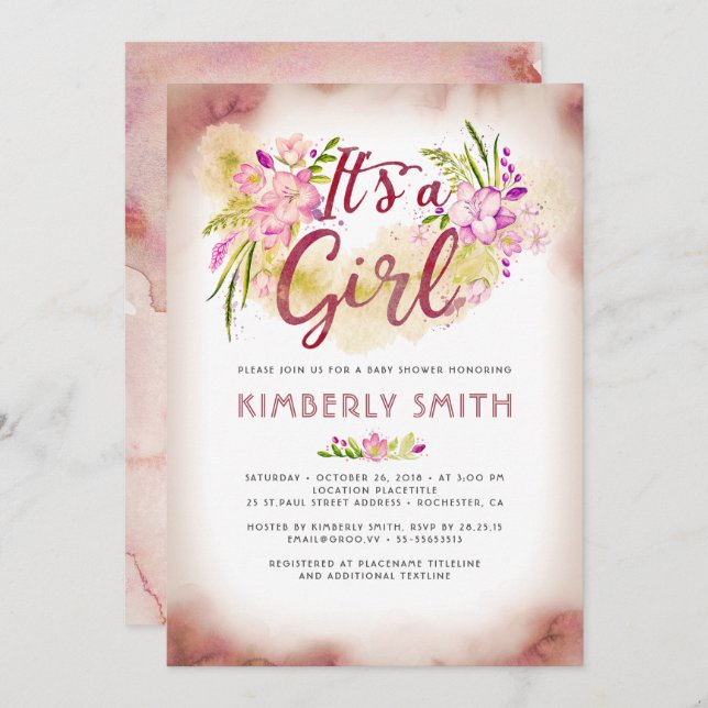 Invitación Rosa floral - Es un Baby Shower Chica (Anverso / Reverso)