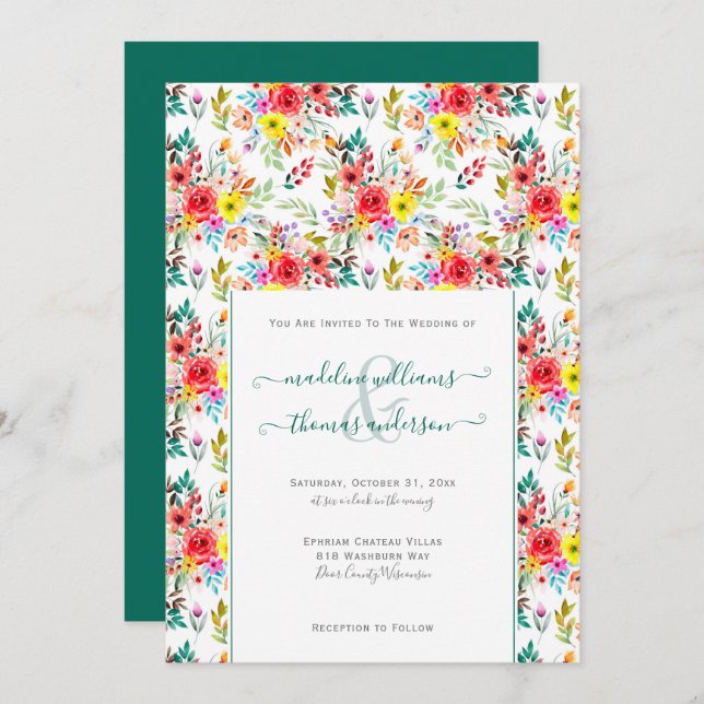 Invitación Rosa floral Eucalytpus Script Boda (Anverso / Reverso)