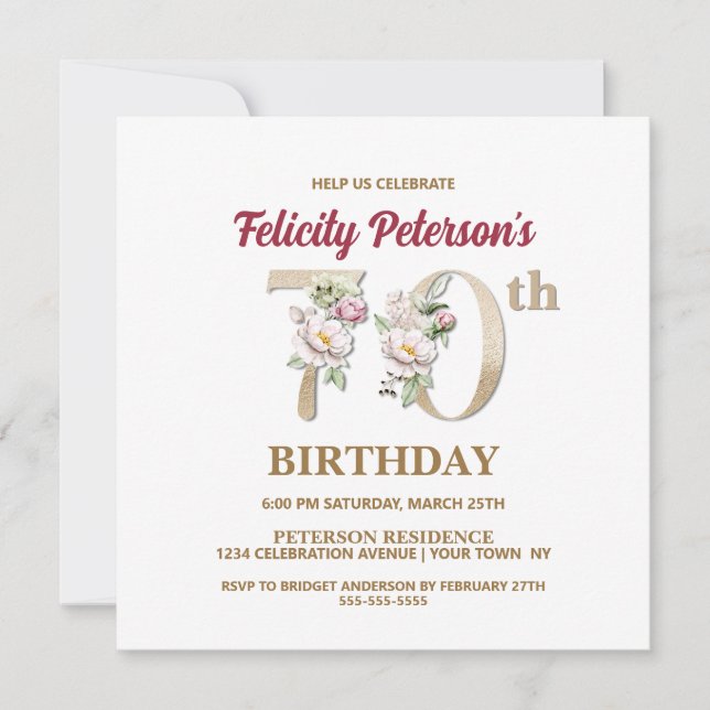 Invitación Rosa Floral F 70th Birthday Party Invitation (Anverso)