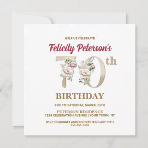 Invitación Rosa Floral F 70th Birthday Party Invitation