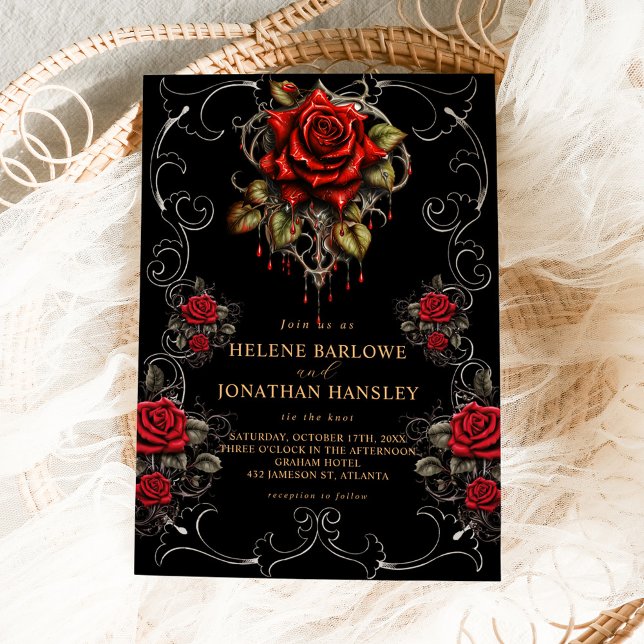 Invitación Rosa Floral Floral Moody Boda gótico (Rose Black Floral Moody Gothic Wedding Invitation)
