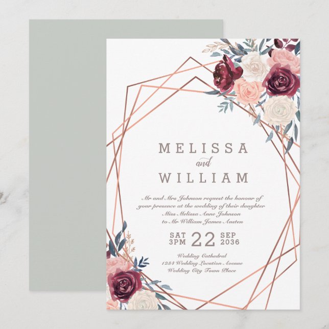 Invitación Rosa floral Geométrico Borgoña Boda de Marfil (Anverso / Reverso)