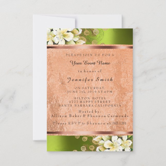 Invitación Rosa floral Gold Copper Birday Bridal Green (Anverso)