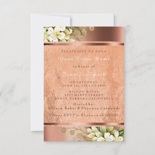 Invitación Rosa floral Gold Copper Metallic Rubor Elegante VI (Anverso)