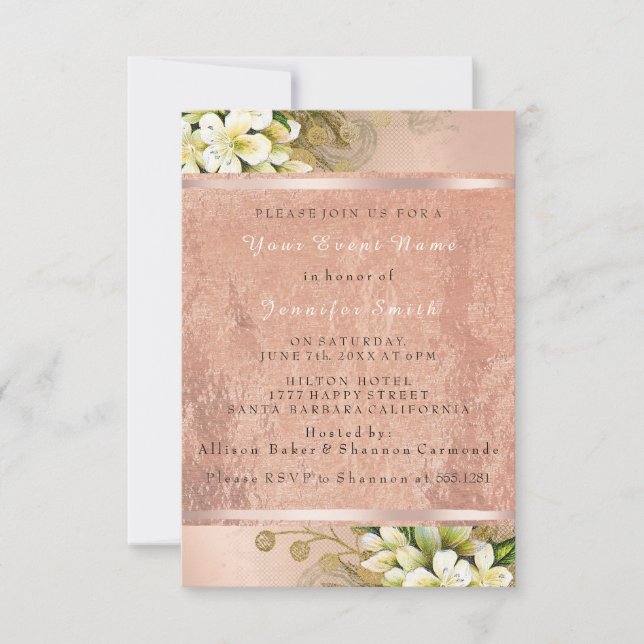 Invitación Rosa floral Gold Copper Metallic Rubor Pearly VIP (Anverso)