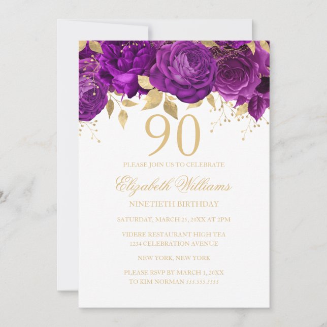 Invitación Rosa Floral Gold Purple 90 cumpleaños (Anverso)