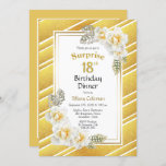 Invitación Rosa Floral Gold Surprise 18th Birthday Dinner<br><div class="desc">Una purpurina de oro barajó diagonalmente bordeada con una sorpresa floral de 18 años invitada a cenar.</div>