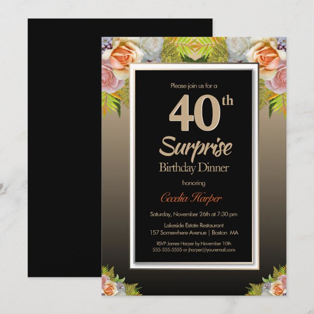 Invitación Rosa Floral Gold Surprise 40th Birthday Dinner (Anverso / Reverso)