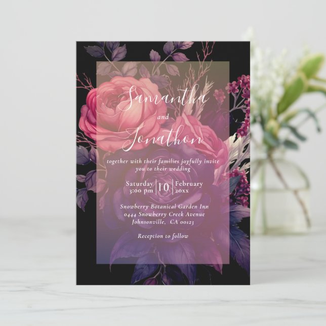Invitación Rosa floral gótico negro Boda superpuesto (Anverso de pie)