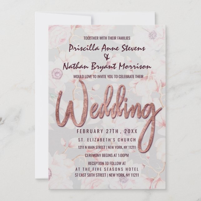 Invitación Rosa floral gris rosa Boda escrito a mano (Anverso)