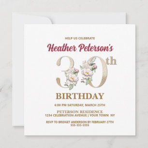 Invitación Rosa Floral H 30th Birthday Party Invitation