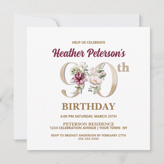 Invitación Rosa Floral H 90th Birthday Party Invitation (Anverso)