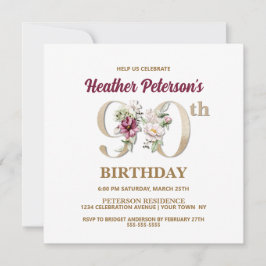 Invitación Rosa Floral H 90th Birthday Party Invitation
