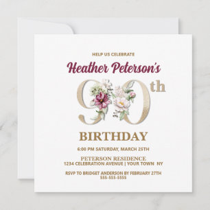 Invitación Rosa Floral H 90th Birthday Party Invitation