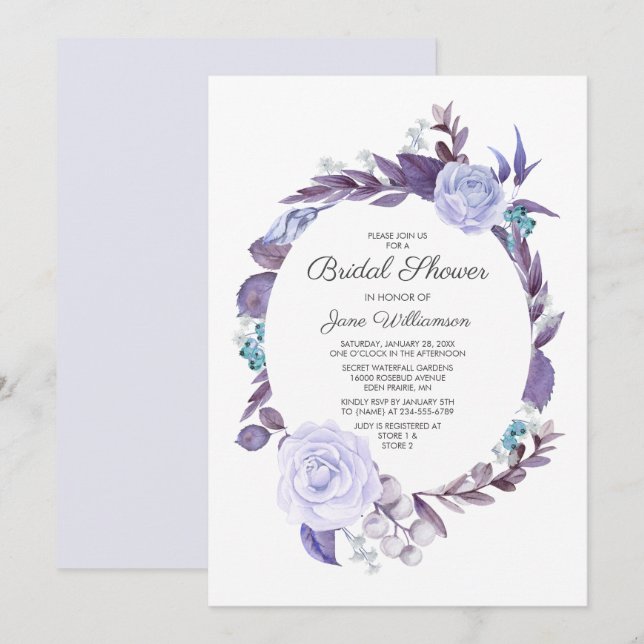 Invitación Rosa floral Hojas púrpuras Wreath Bridal Shower (Anverso / Reverso)