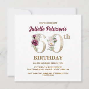 Invitación Rosa Floral J 60th Birthday Party Invitation