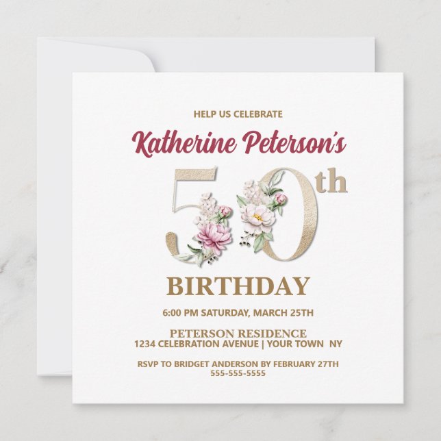 Invitación Rosa Floral K 50th Birthday Party (Anverso)