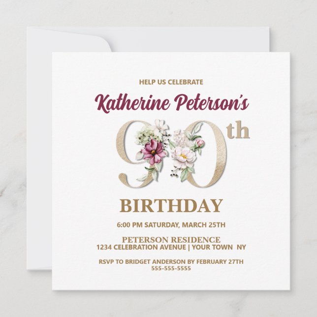 Invitación Rosa Floral K 90th Birthday Party Invitation (Anverso)