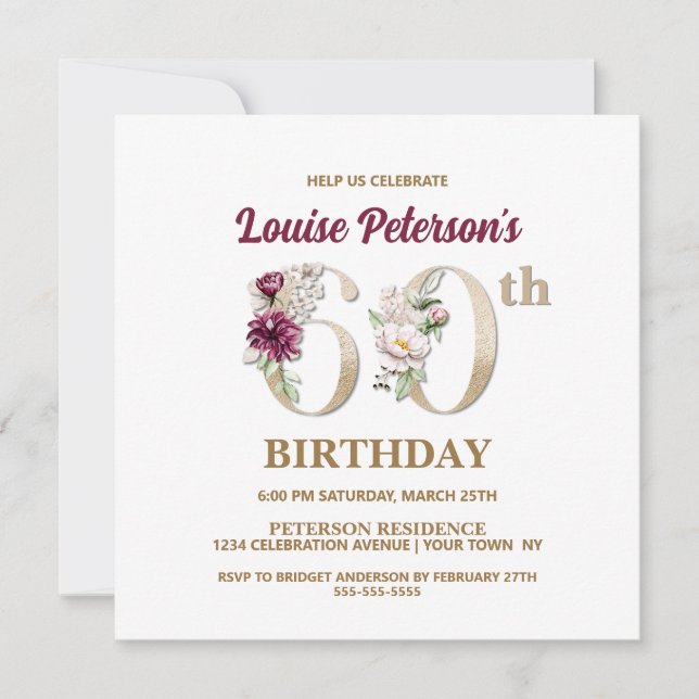 Invitación Rosa Floral L 60th Birthday Party Invitation (Anverso)