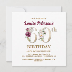 Invitación Rosa Floral L 60th Birthday Party Invitation