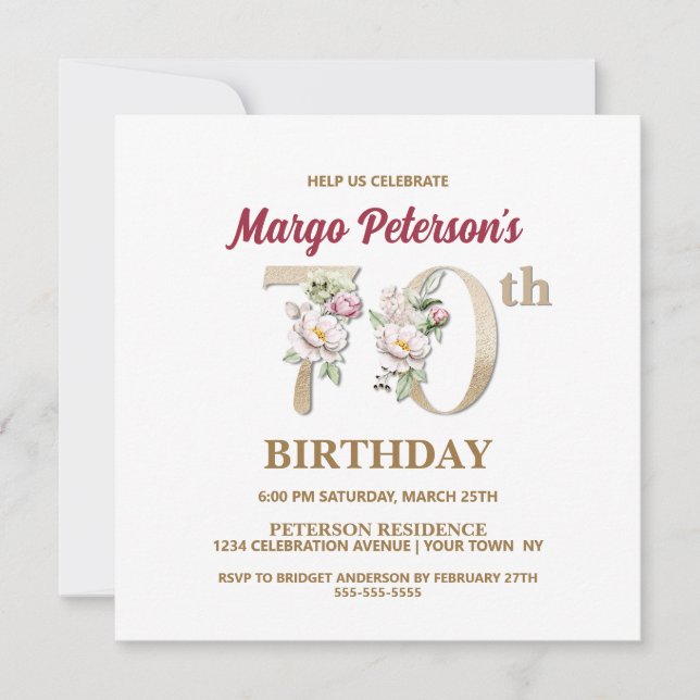 Invitación Rosa Floral M 70th Birthday Party Invitation (Anverso)