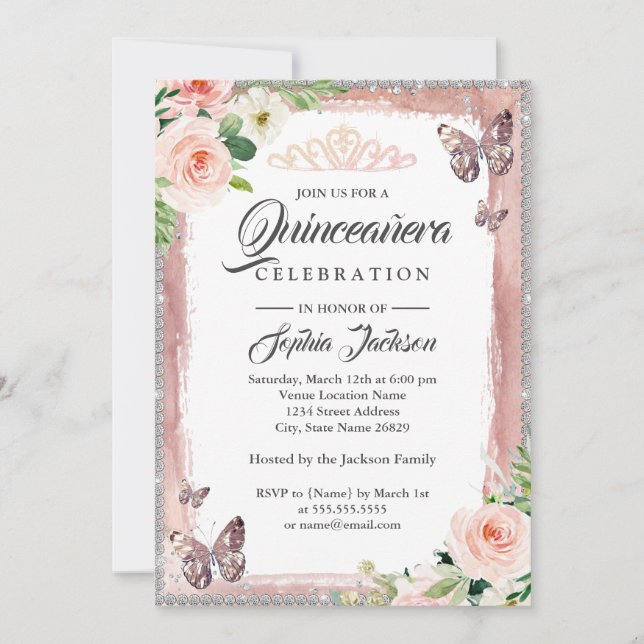 Invitación Rosa floral Mariposa de oro espuma Quinceanera (Anverso)