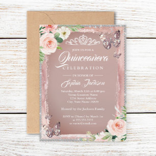 Invitación Rosa Floral Mariposa Quinceanera