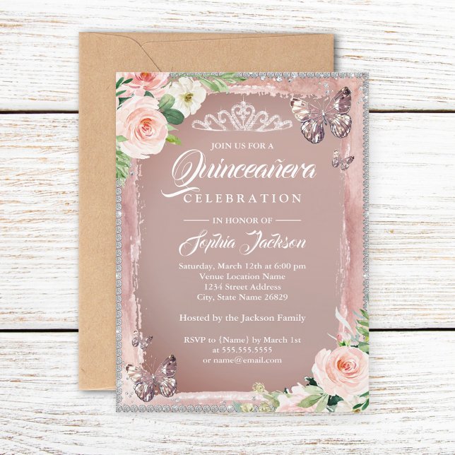 Invitación Rosa Floral Mariposa Quinceanera (Subido por el creador)