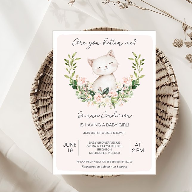 Invitación Rosa Floral ¿Me Estás Gatillando Baby Shower? (Kitten Baby Shower Invitation Baby Girl, Kitten Themed Baby Shower Invitation Girl, Pink Floral
)