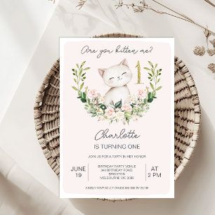 Invitación Rosa Floral ¿Me Gatitas Primer Cumpleaños?