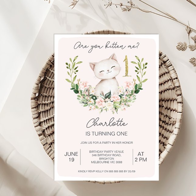 Invitación Rosa Floral ¿Me Gatitas Primer Cumpleaños? (Are You Kitten Me Invitation Template, Kitten Me 1st Birthday Invitation, Kitten Themed Birthday)