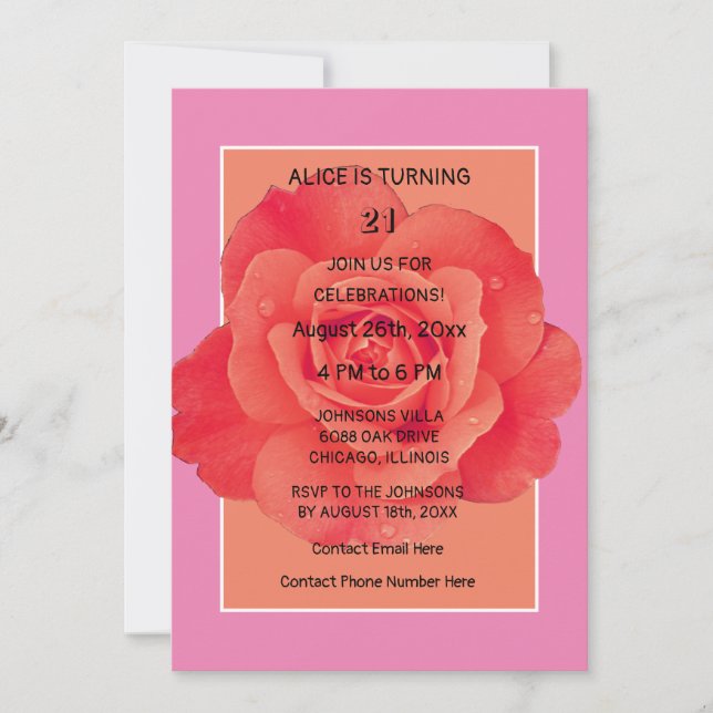Invitación Rosa floral moderno Naranja rosa de cumpleaños núm (Anverso)
